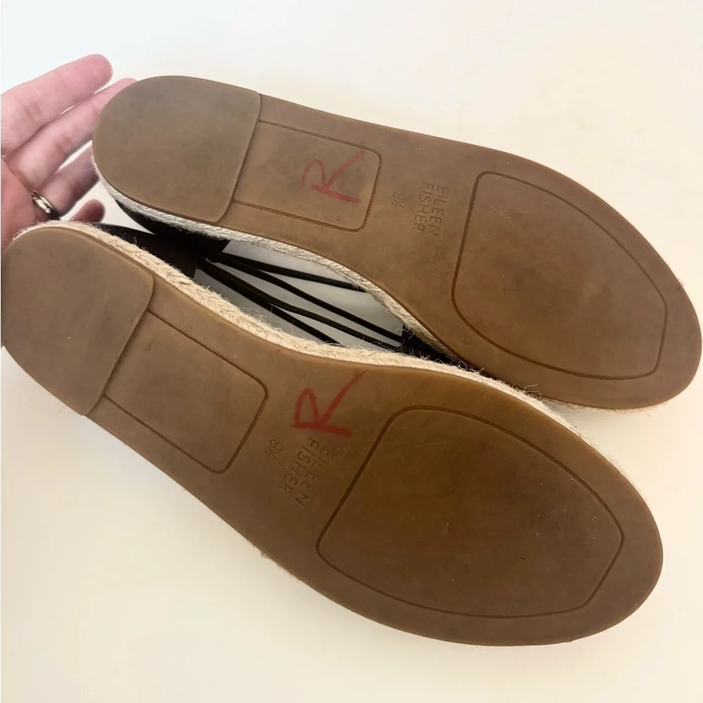Eileen Fisher Lee Washed Leather Espadrille Shoes in Black Size 9.5